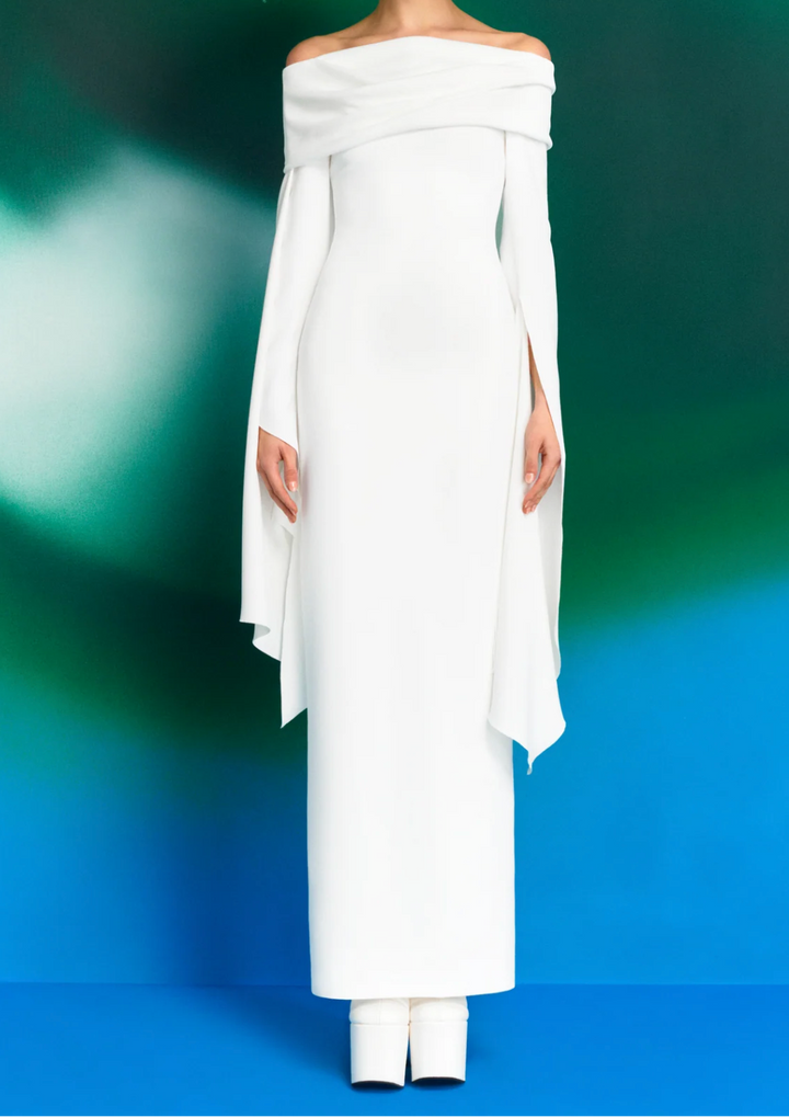 draped off-shoulder column gown with cascading sleeves – IVORY