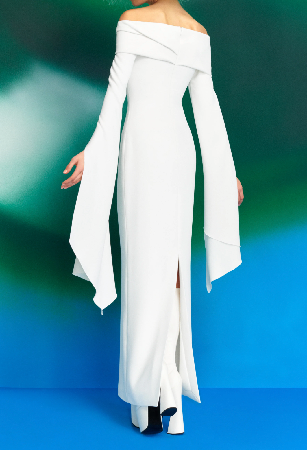 draped off-shoulder column gown with cascading sleeves – IVORY