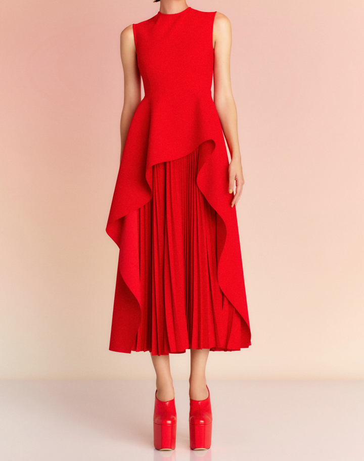 sleeveless peplum dress with layered pleated skirt – MARIGOLD