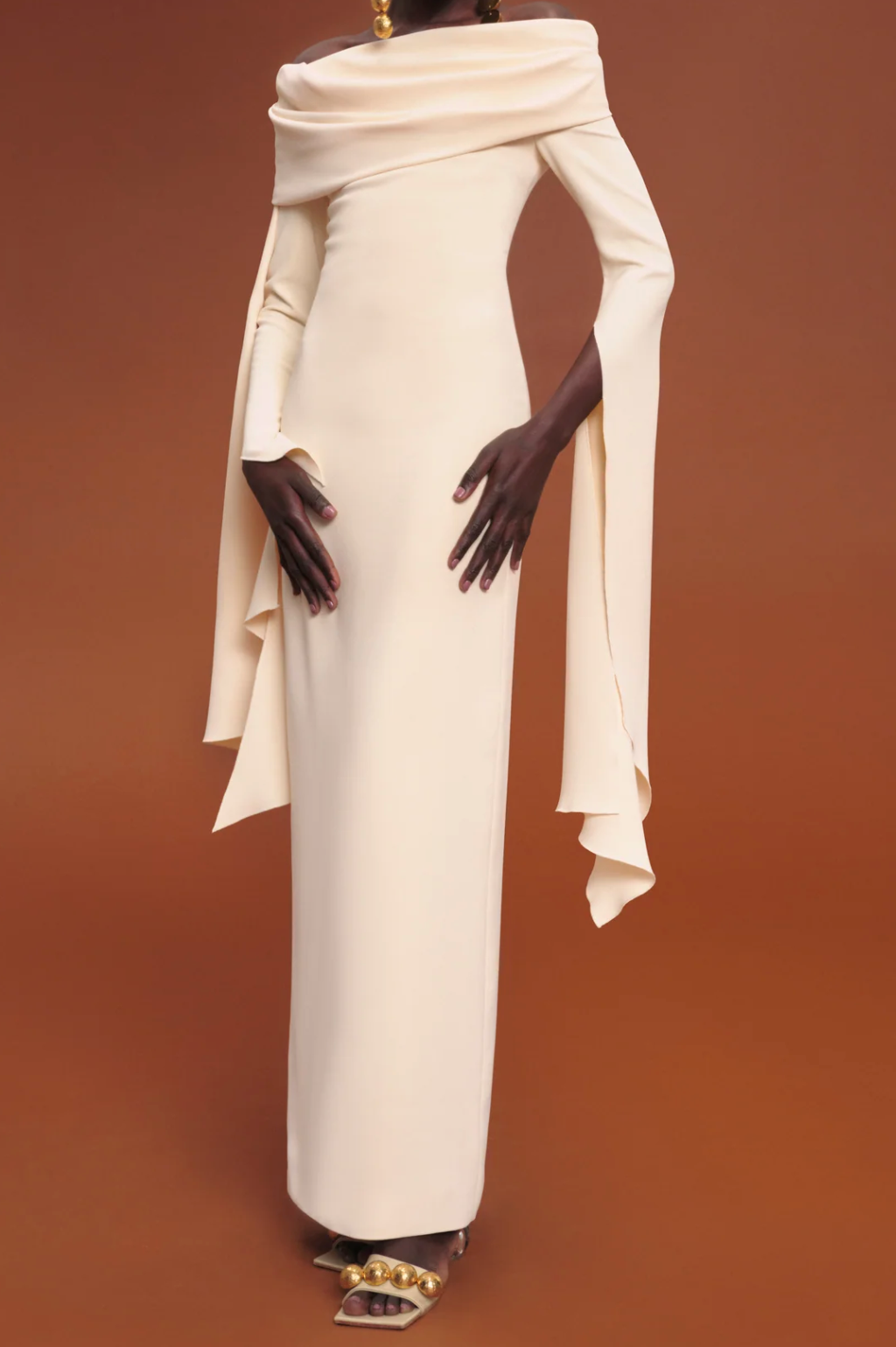 draped off-shoulder column gown with cascading sleeves – CREMA