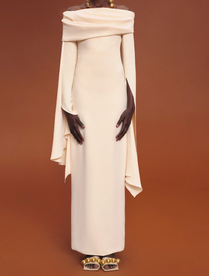 draped off-shoulder column gown with cascading sleeves – CREMA