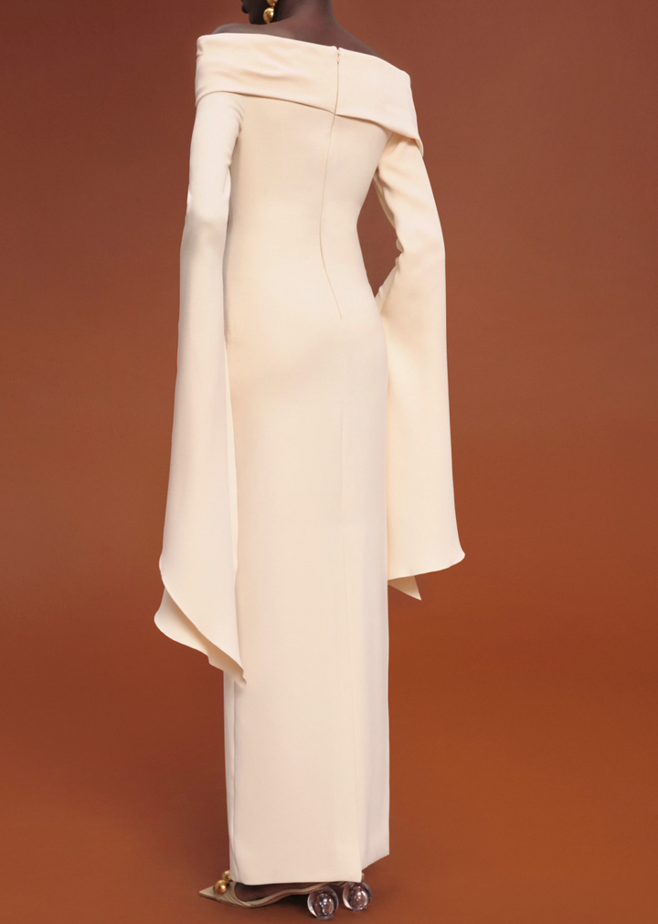 draped off-shoulder column gown with cascading sleeves – CREMA