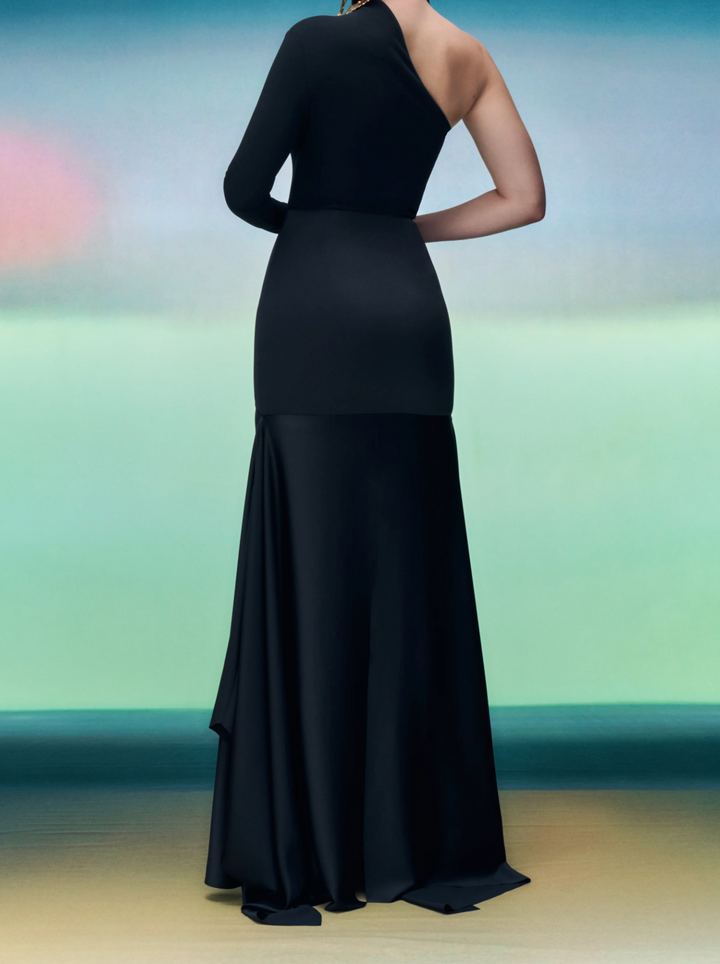 one-shoulder fitted gown with flared hem – NOIRS