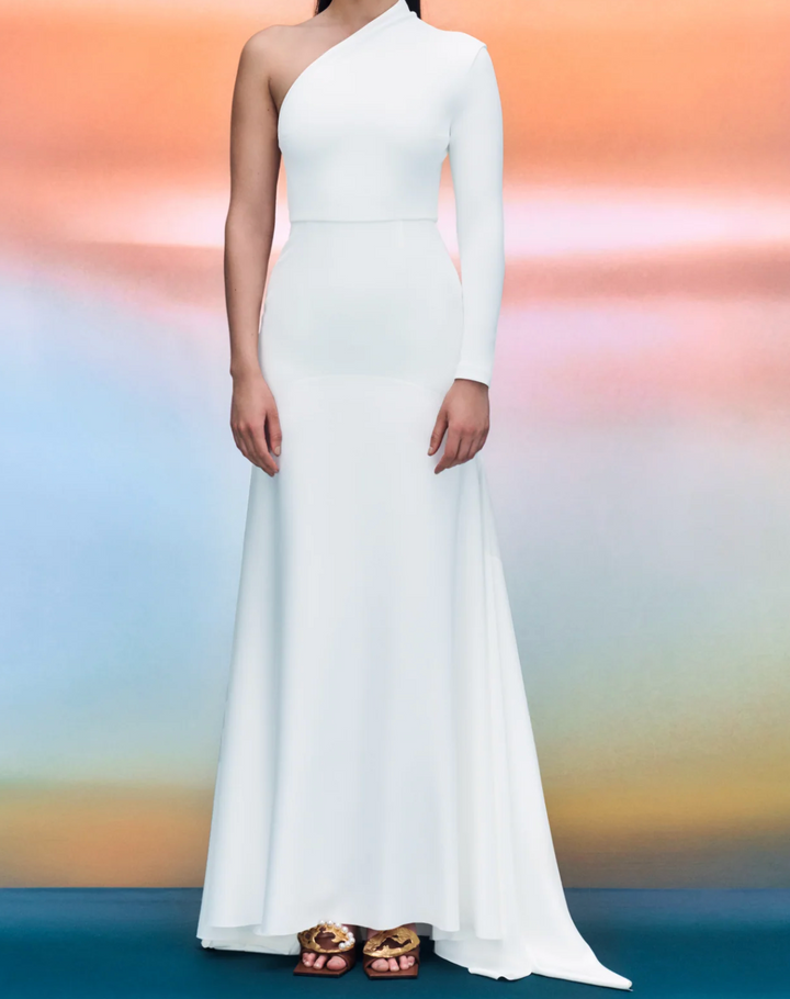 one-shoulder fitted gown with flared hem – NOIRS