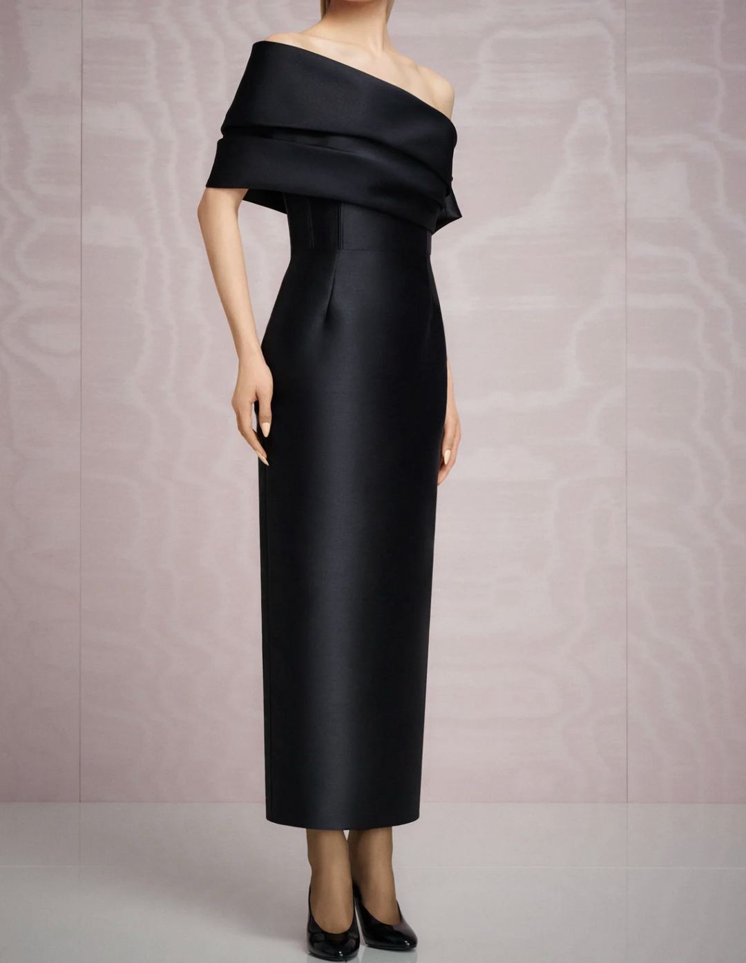 فستان ساتان متوسط ​​الطول مكشوف الكتفين – نوير