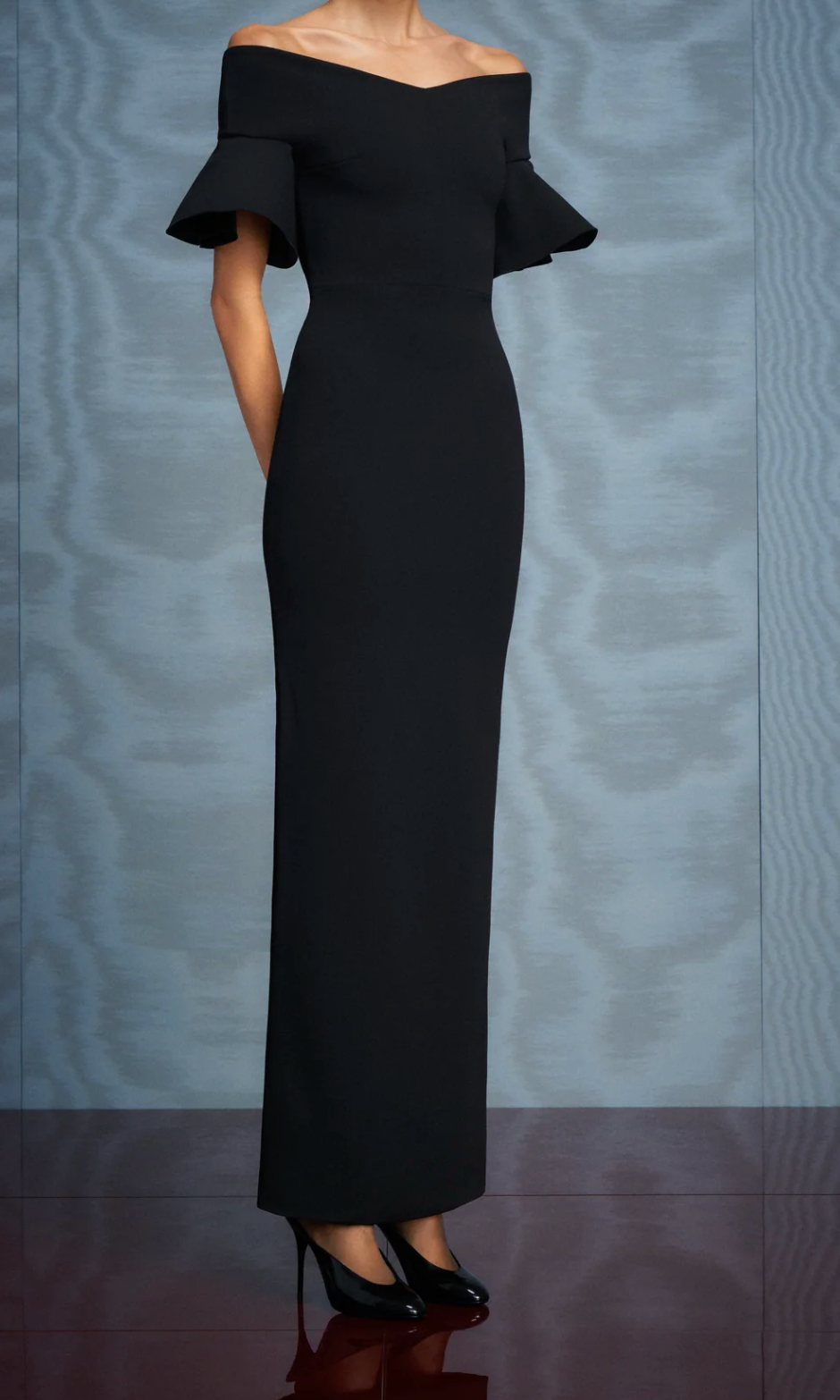 off-shoulder flared-sleeve column gown – NOIRB