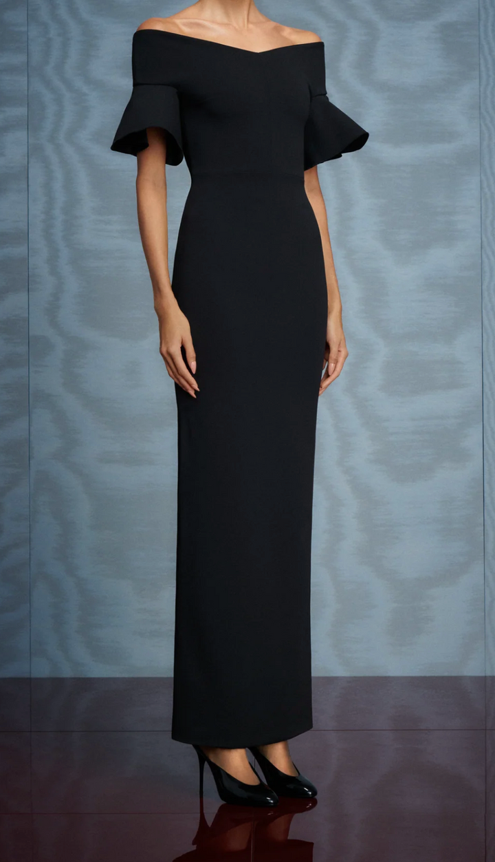 off-shoulder flared-sleeve column gown – NOIRB