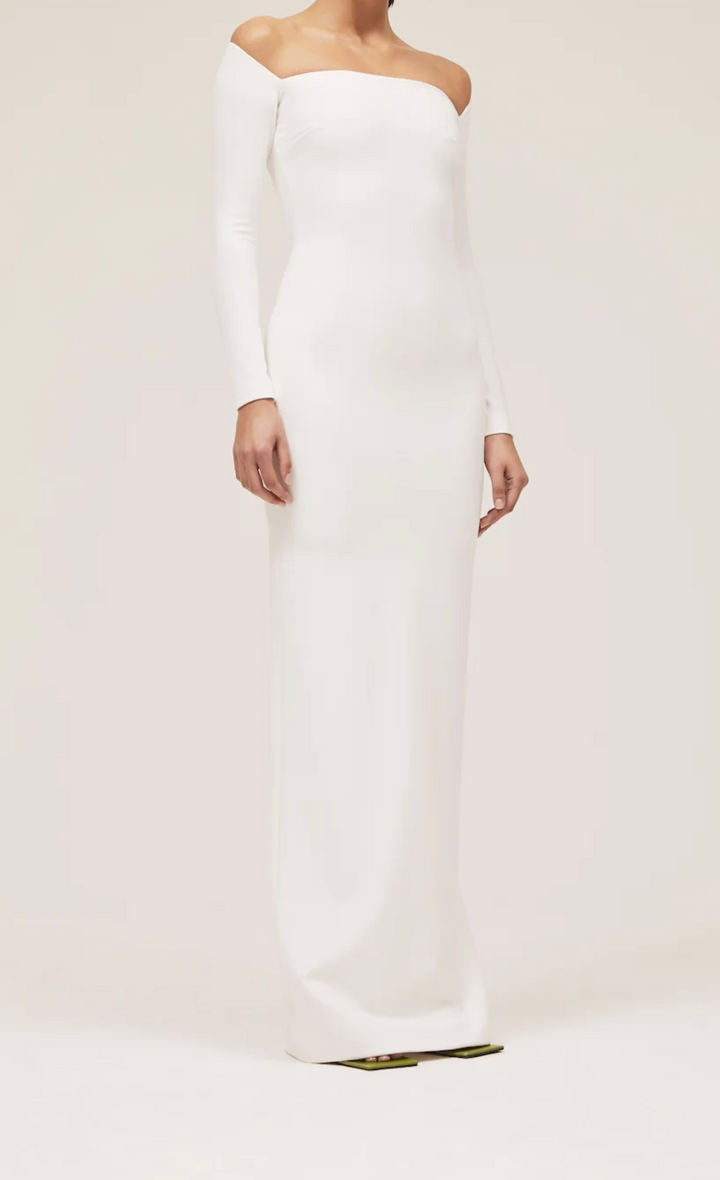 one-shoulder column gown with fitted long sleeve – IVORYA