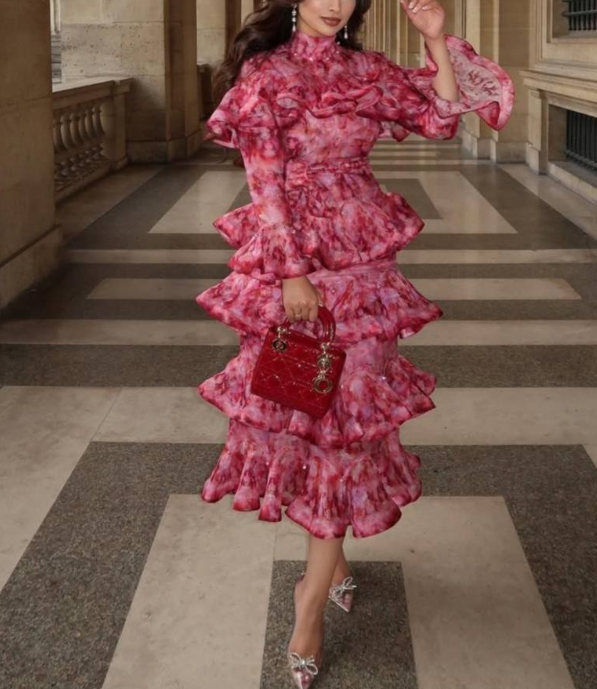 printed ruffle-tier midi dress with high neckline – AMARÉ