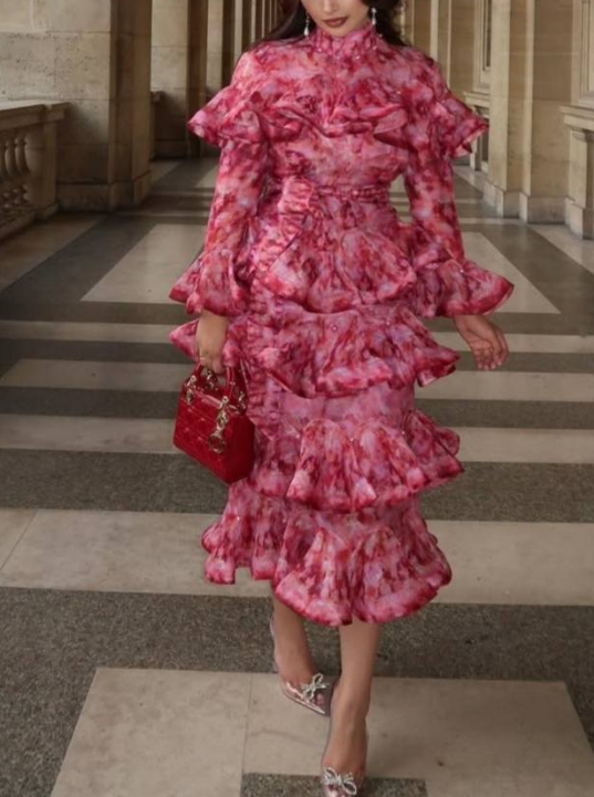 printed ruffle-tier midi dress with high neckline – AMARÉ