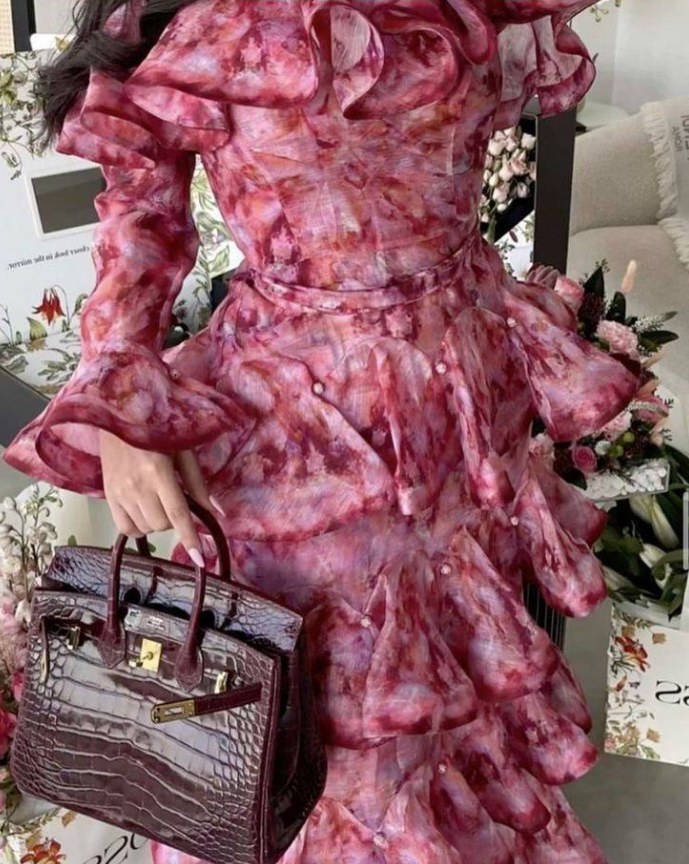 printed ruffle-tier midi dress with high neckline – AMARÉ