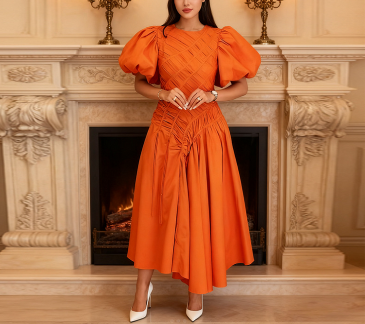 puff-sleeve midi dress with ruched drape – CARMINE**