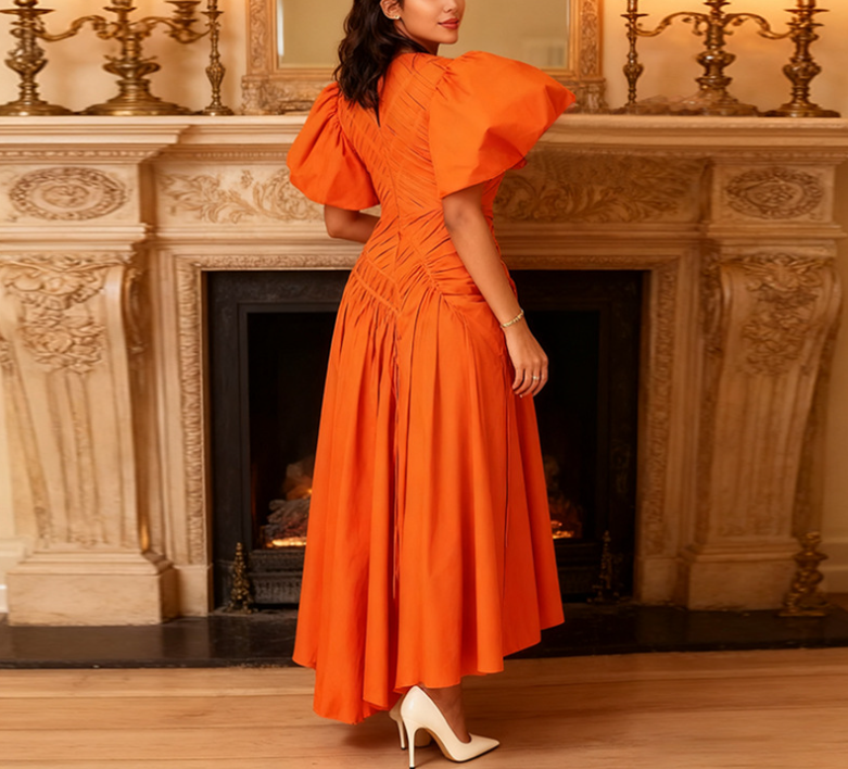 puff-sleeve midi dress with ruched drape – CARMINE**