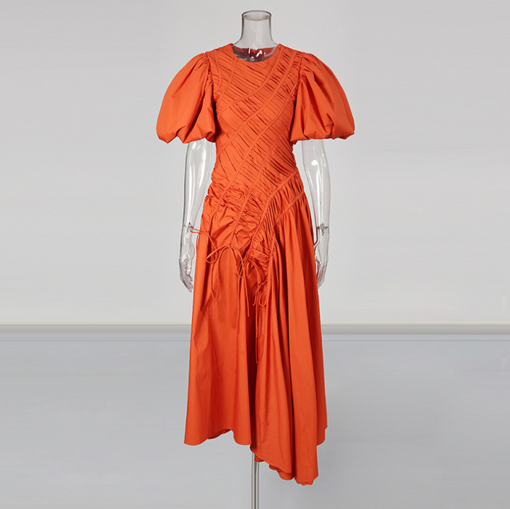 puff-sleeve midi dress with ruched drape – CARMINE**