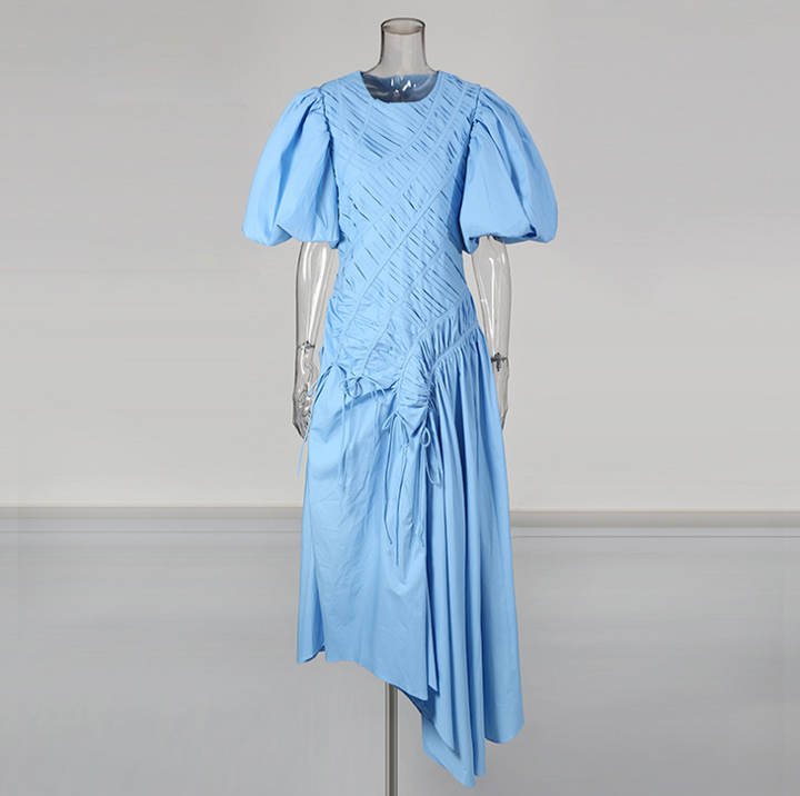 puff-sleeve midi dress with ruched drape – CARMINE**