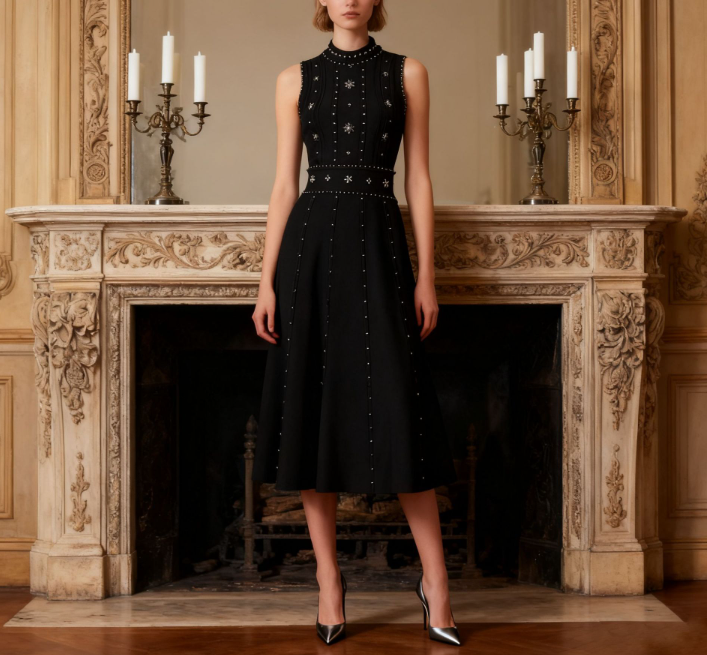 sleeveless embellished midi dress with high neckline – NOIRÉ