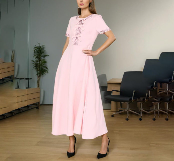 short-sleeve bow-detail maxi dress with embellished trim – ROSABELLE