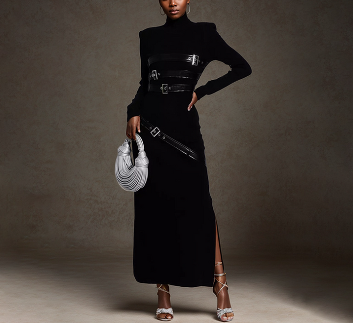 long-sleeve maxi dress with leather buckle accents – VESPERA