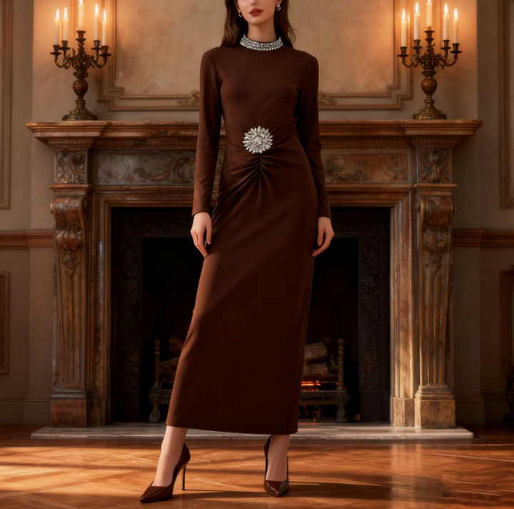 long-sleeve embellished draped midi dress – AURELIA