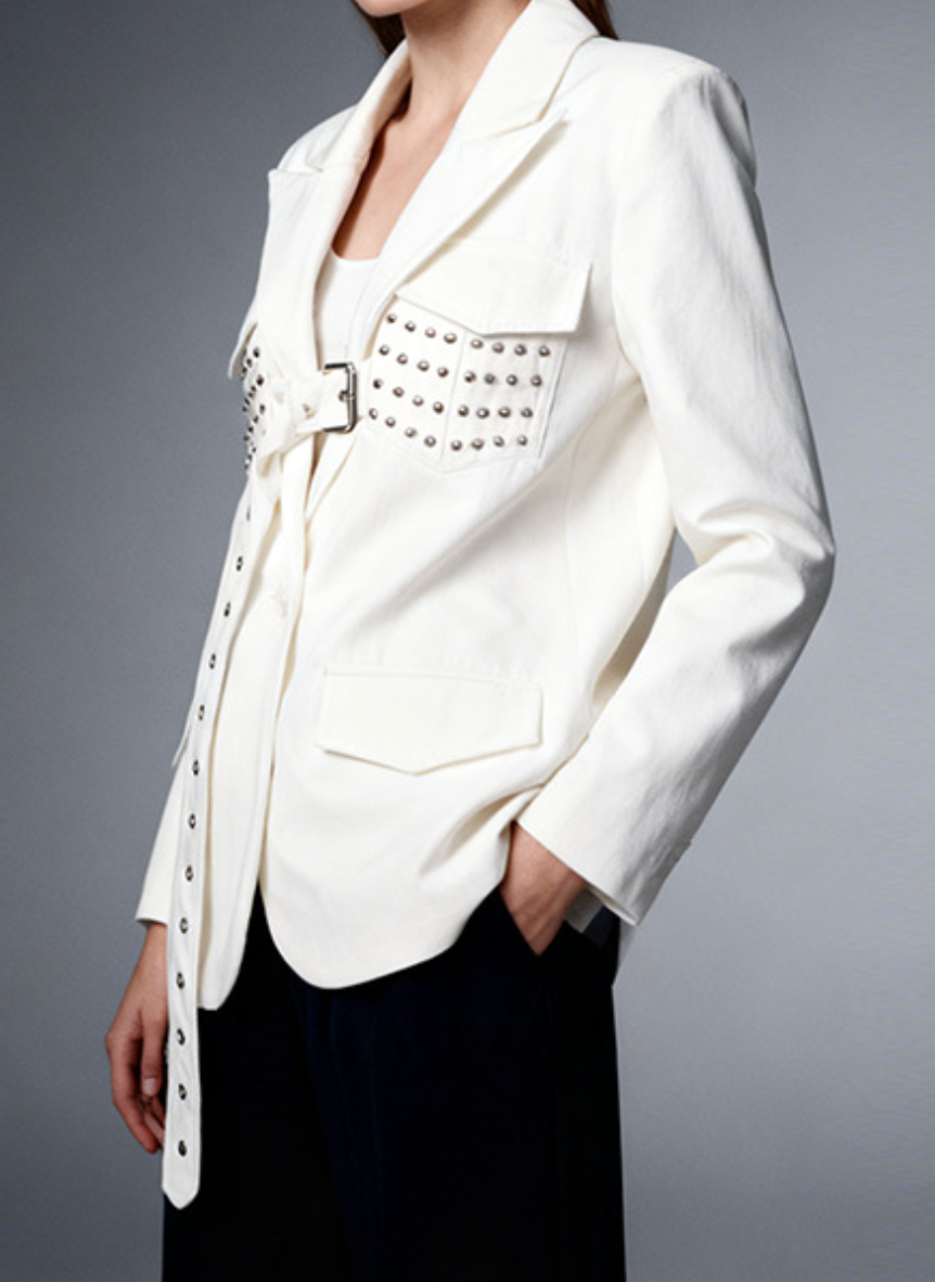 tailored blazer with studded flap pockets & belted front – ALESSA