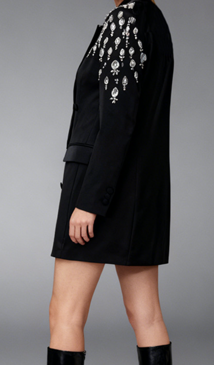 embellished satin blazer dress with crystal shoulders – NOIRÉ
