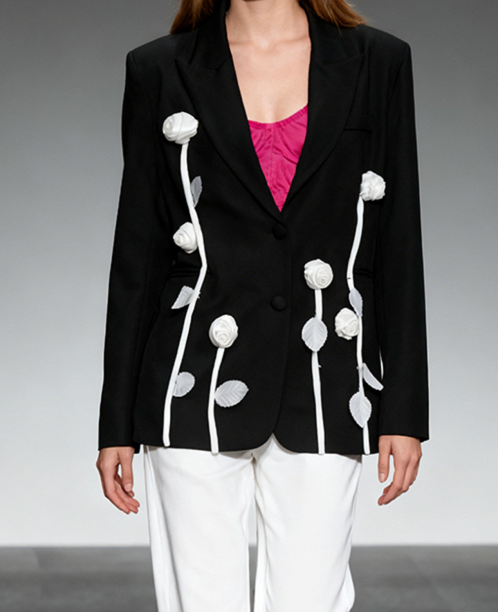 floral appliqué tailored blazer with 3D roses – NOIRB