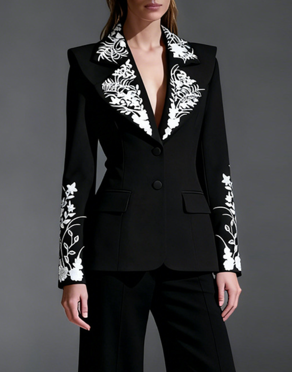 black blazer with floral embroidered lapels – AURELIA