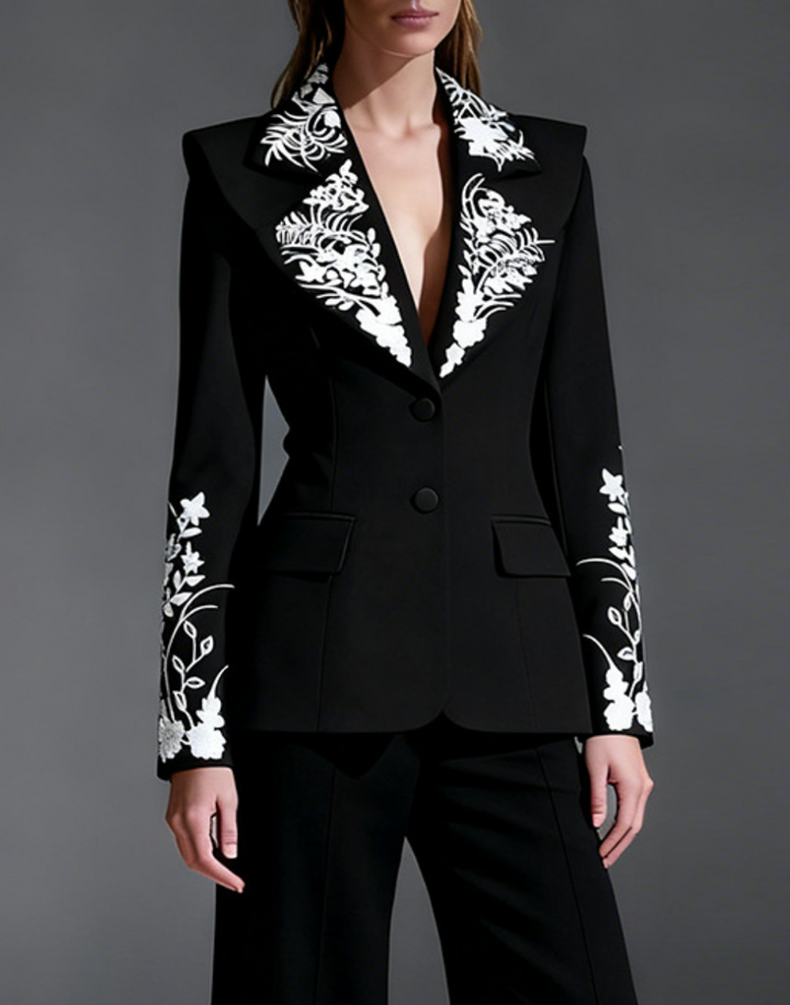 black blazer with floral embroidered lapels – AURELIA