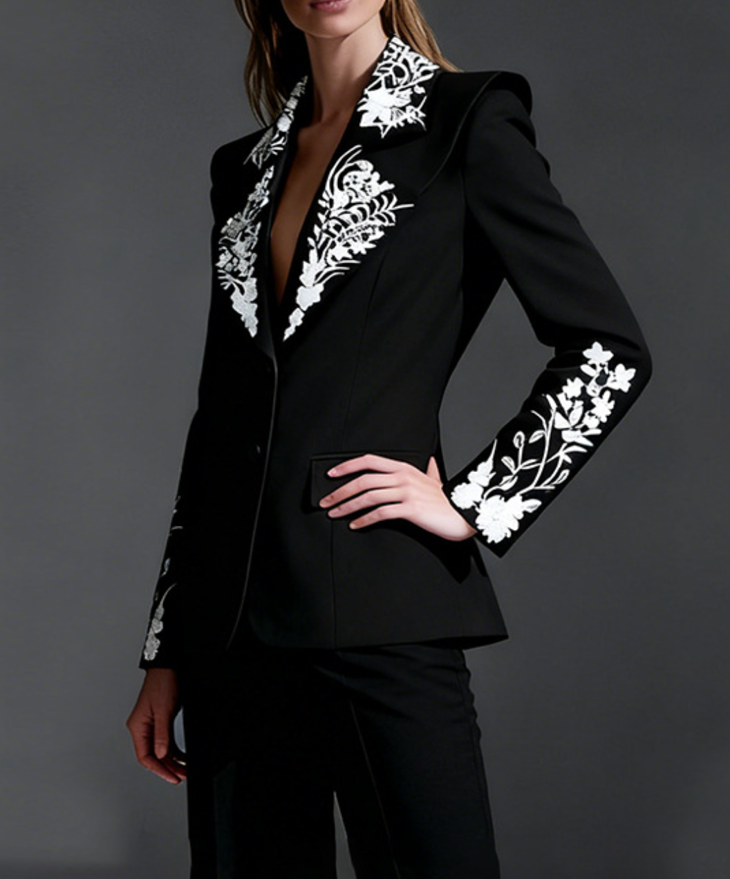 black blazer with floral embroidered lapels – AURELIA