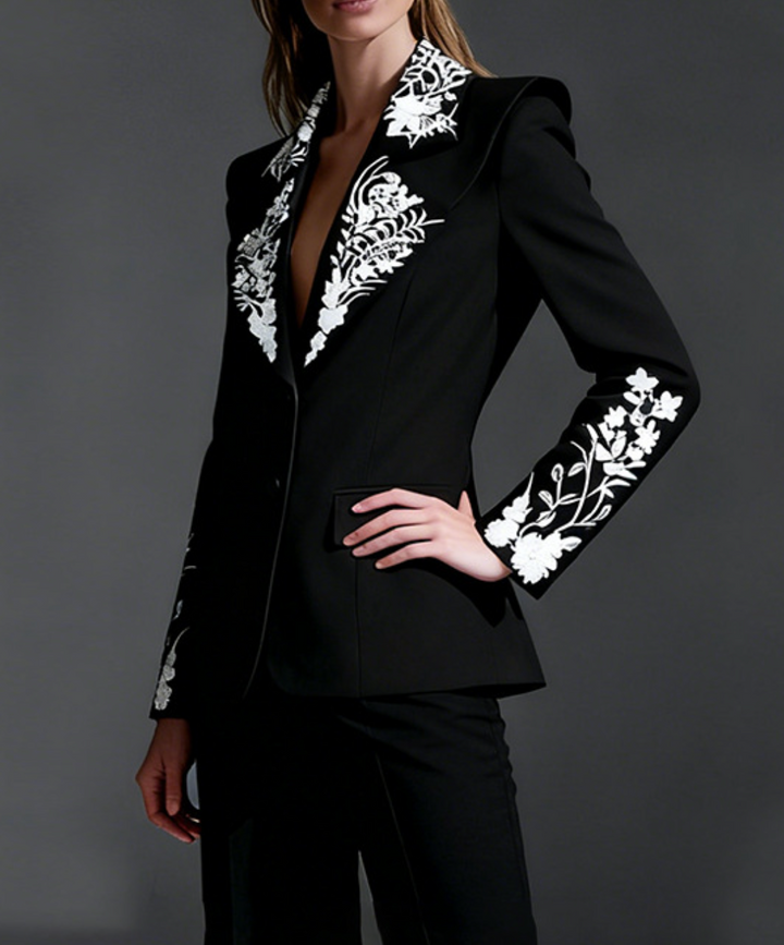 black blazer with floral embroidered lapels – AURELIA