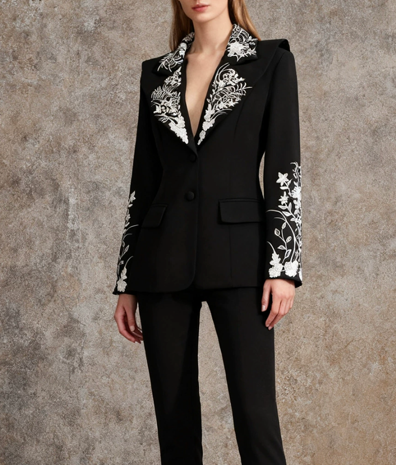 black blazer with floral embroidered lapels – AURELIA