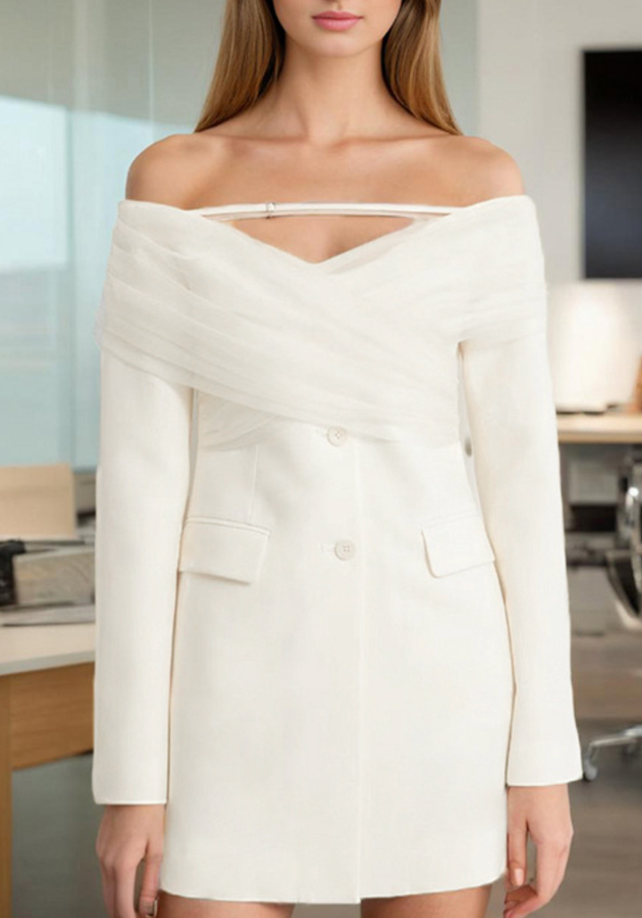 off-shoulder tailored mini blazer dress with tulle wrap – AURORA