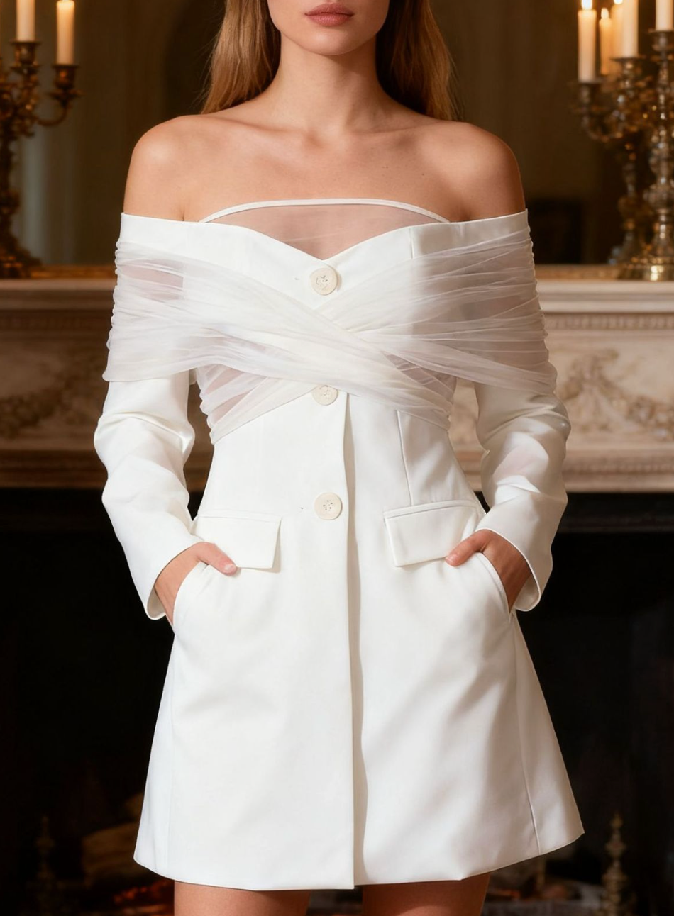 off-shoulder tailored mini blazer dress with tulle wrap – AURORA