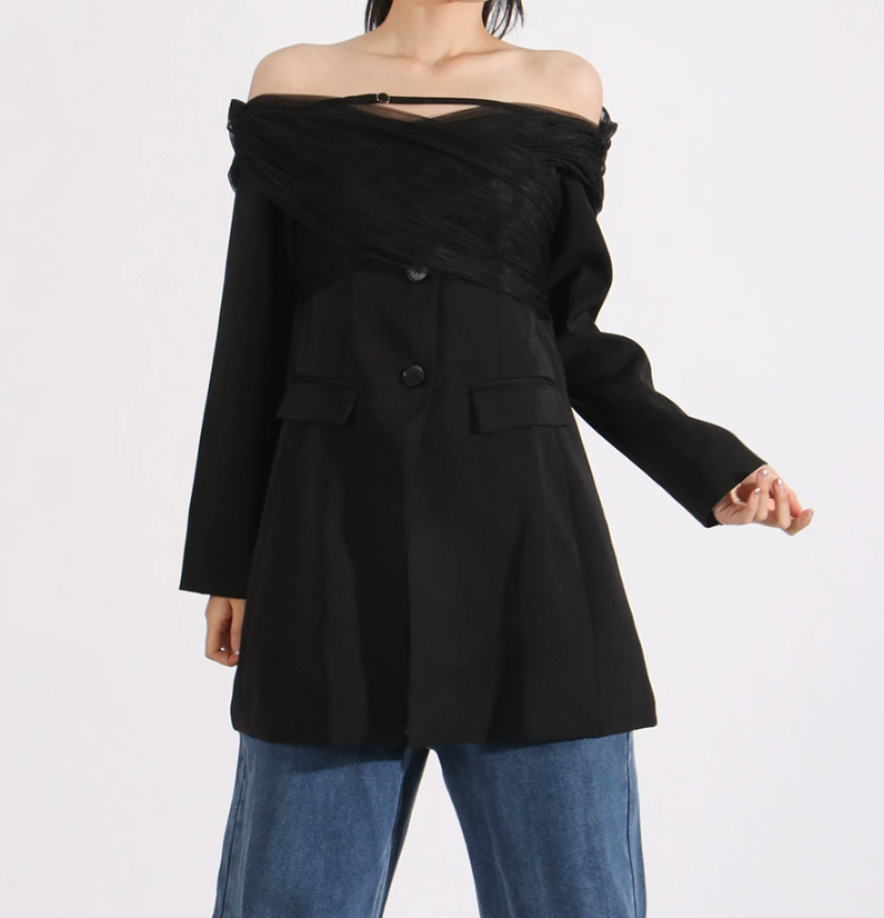 off-shoulder tailored mini blazer dress with tulle wrap – AURORA