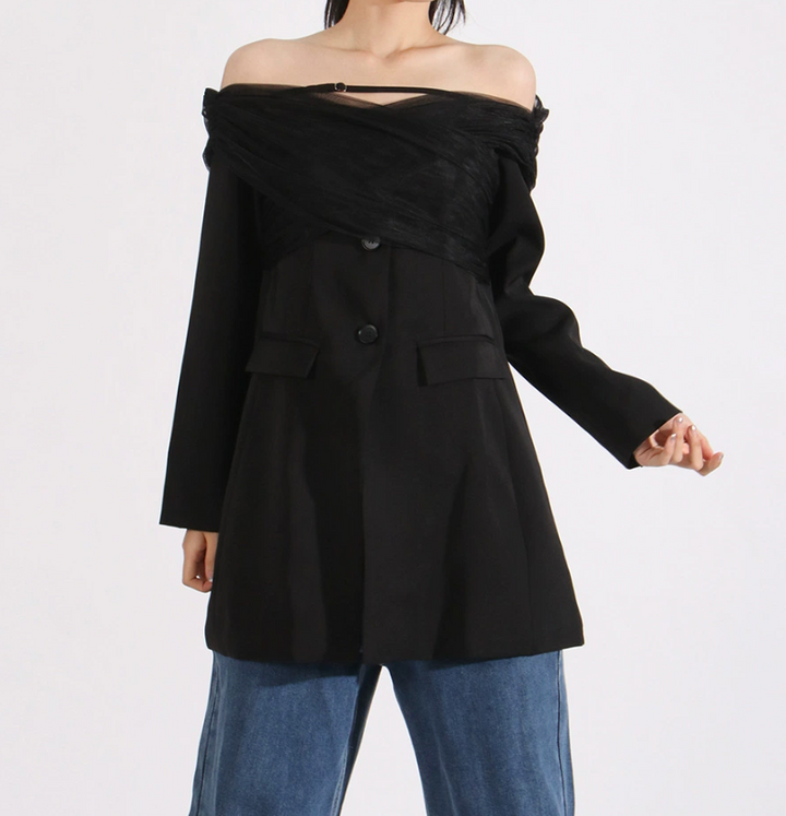 off-shoulder tailored mini blazer dress with tulle wrap – AURORA