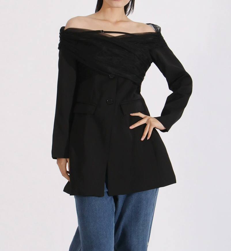 off-shoulder tailored mini blazer dress with tulle wrap – AURORA