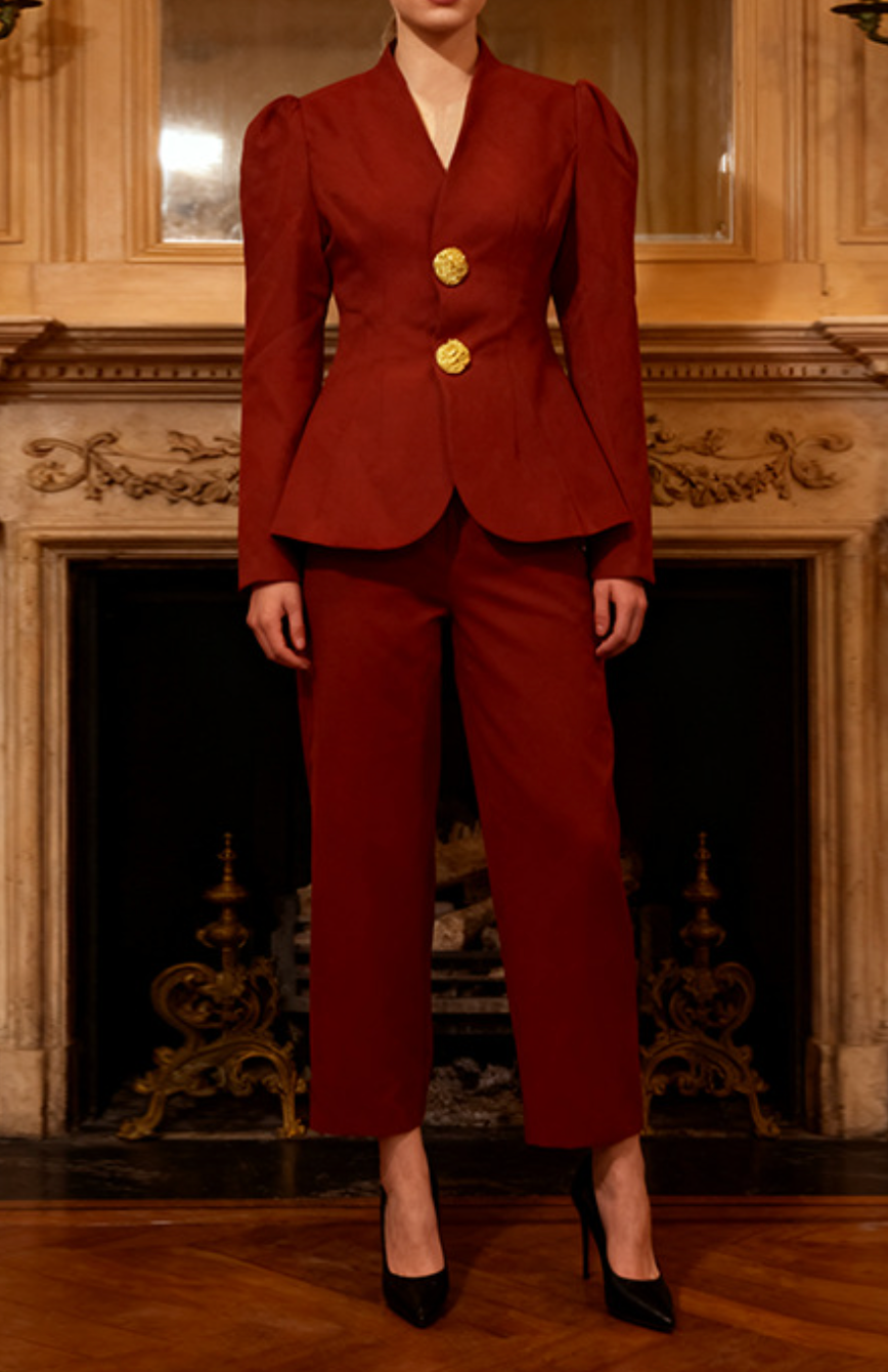 structured tailored suit with gold buttons – MAROON
