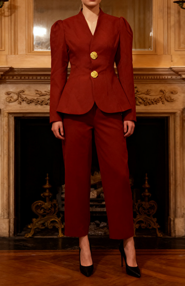 structured tailored suit with gold buttons – MAROON