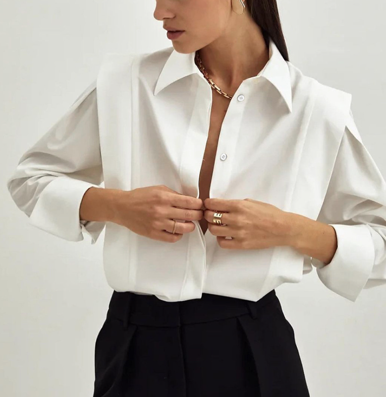 structured asymmetric shirt with deep V placket – NOIRÉ