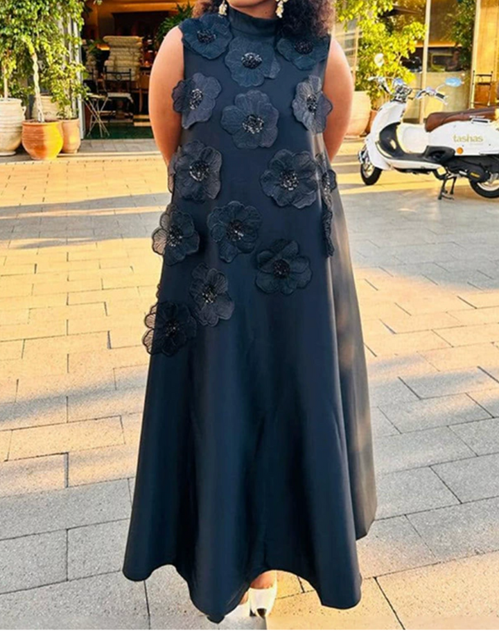 sleeveless A-line maxi dress with 3D floral appliqués – BLOSSOM