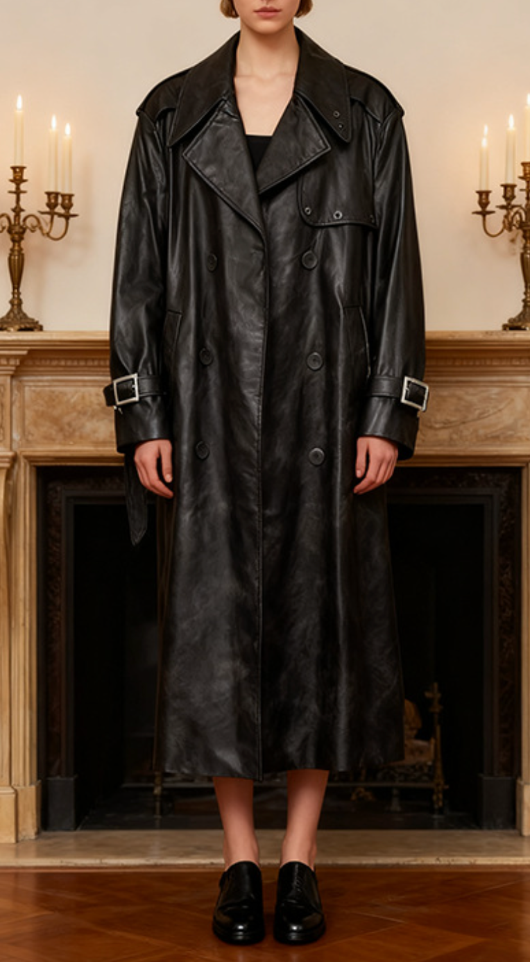 double-breasted leather trench coat with wide lapels – NOIRÉ
