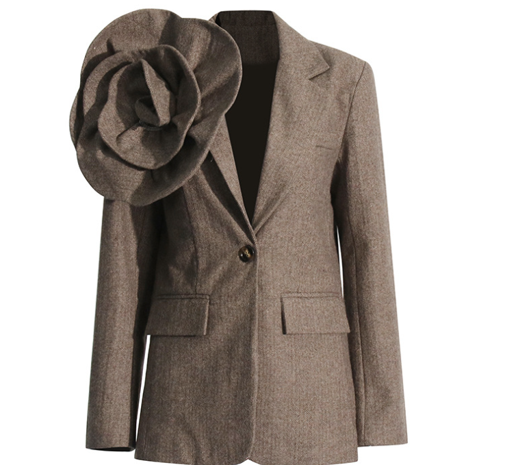 tailored herringbone blazer with oversized rosette accent – ROSÉE