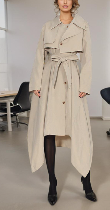 asymmetric belted trench coat with layered hem – IVORY