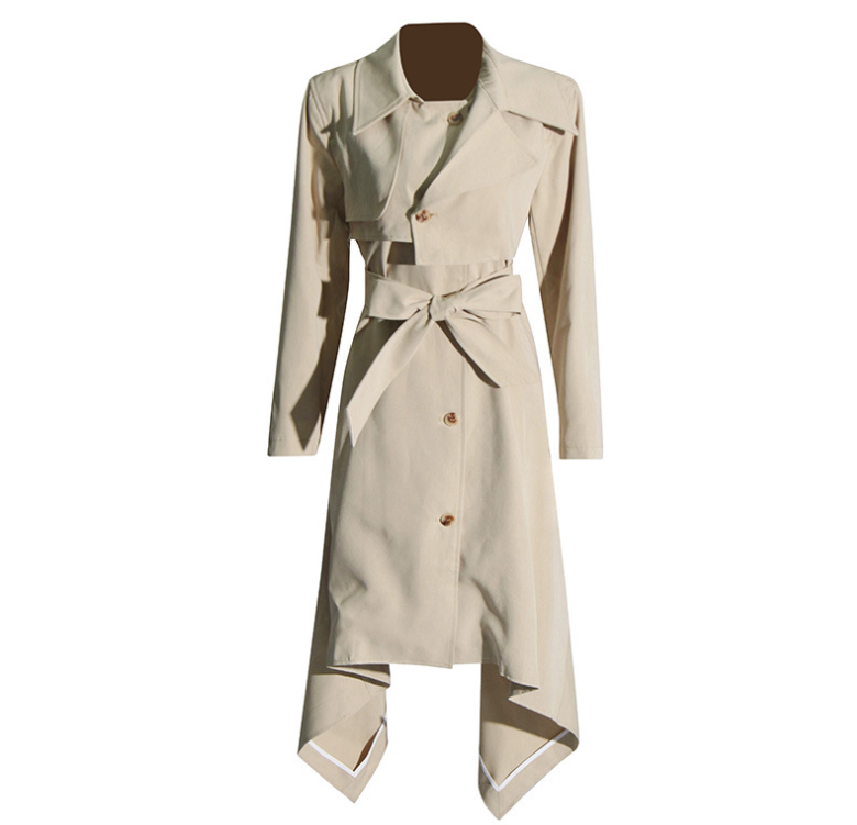asymmetric belted trench coat with layered hem – IVORY