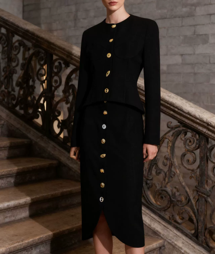 tailored jacket and buttoned midi skirt set with gold accents – ELODIE