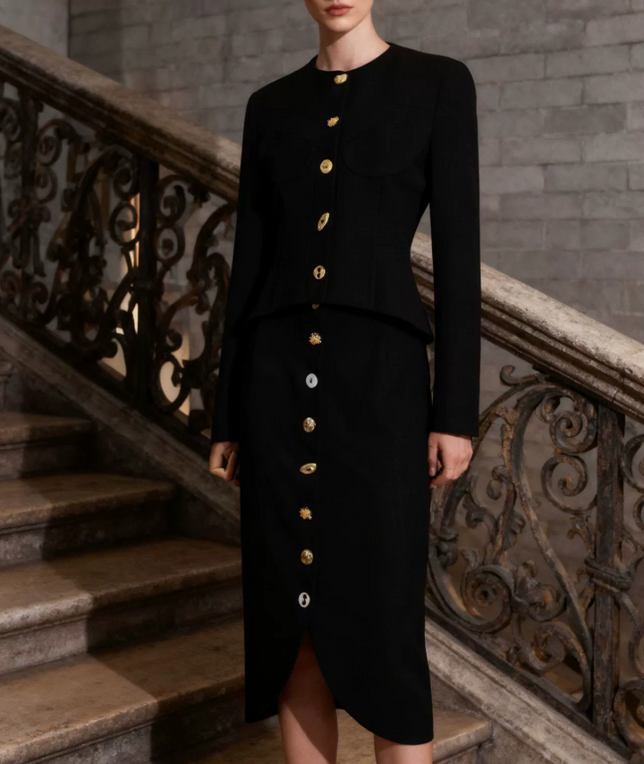 tailored jacket and buttoned midi skirt set with gold accents – ELODIE