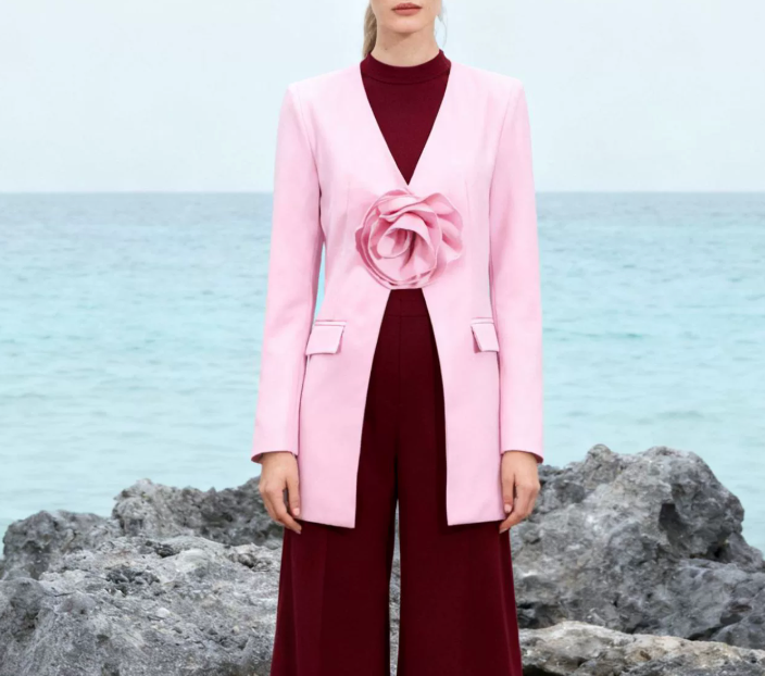 tailored pink blazer with floral accent – ROSÉLLE