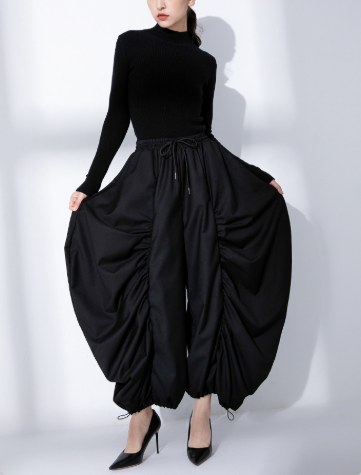 ruched balloon midi skirt with adjustable drawstrings – NOIRIA