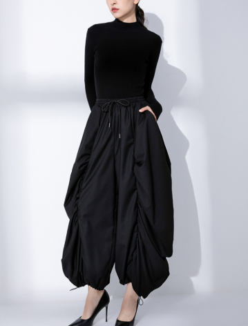 ruched balloon midi skirt with adjustable drawstrings – NOIRIA