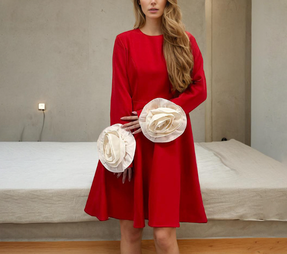 long-sleeve midi dress with sculptural floral cuffs – ROSA